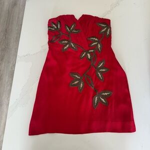 URBAN OUTFITTERS Red Strapless Dress with Leaf Embroidery